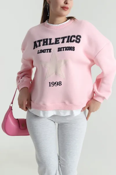 Pembe Şardonlu Üç İp Kadın Fermuarsız Sweat 490572