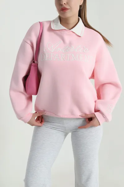 Pembe Şardonlu Üç İp Kadın Fermuarsız Sweat 490576
