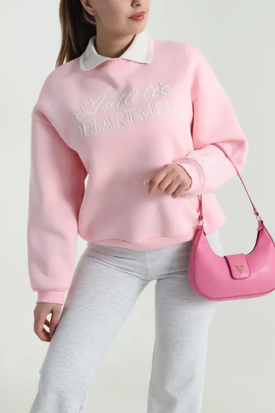 Pembe Şardonlu Üç İp Kadın Fermuarsız Sweat 490576
