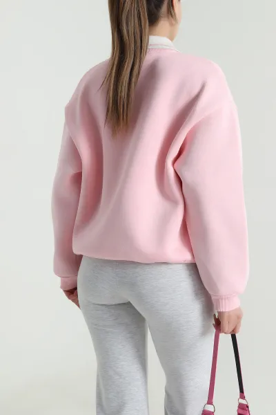 Pembe Şardonlu Üç İp Kadın Fermuarsız Sweat 490576