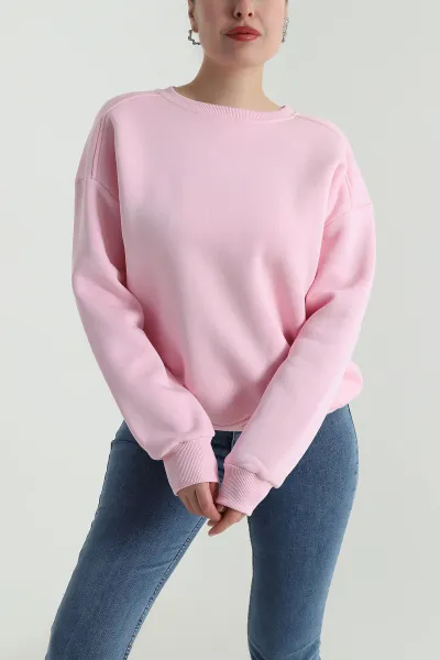 Pembe Şardonlu Üç İp Kadın Fermuarsız Sweat 498015