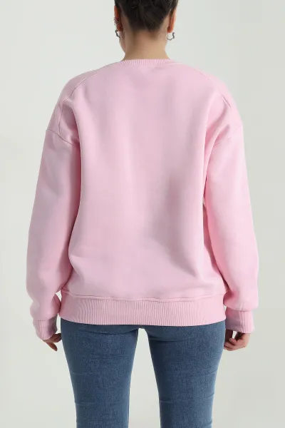 Pembe Şardonlu Üç İp Kadın Fermuarsız Sweat 498015