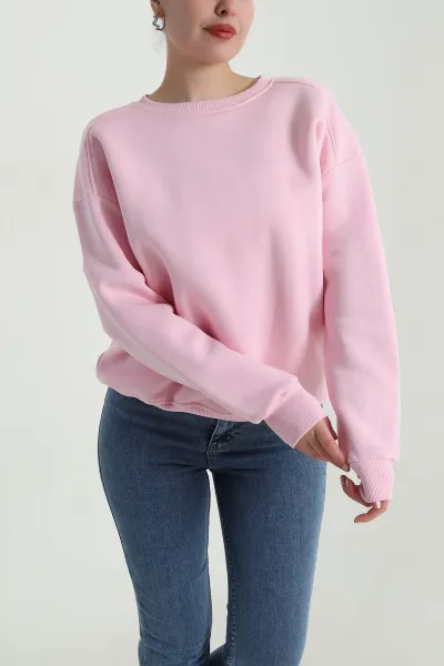 Pembe Şardonlu Üç İp Kadın Fermuarsız Sweat 498015