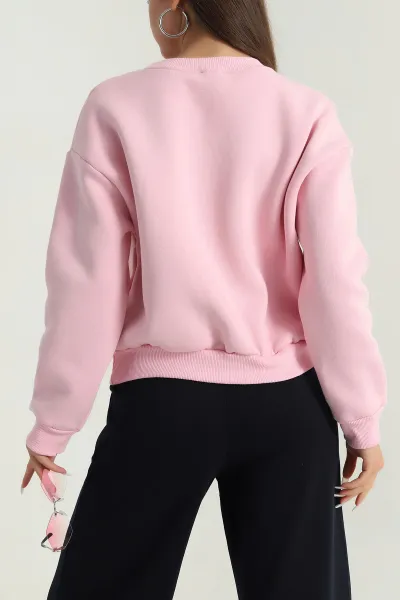 Pembe Şardonlu Üç İplik Kadın Sweat 387827