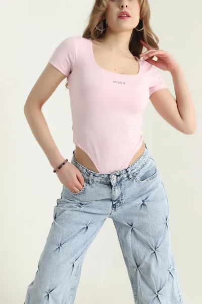 Pembe Scuba Likralı Kadın Zıbın Bluz 432259