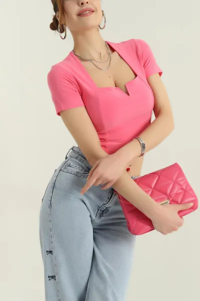 Pembe Sendy Kumaş Crop Kadın Bluz 349459