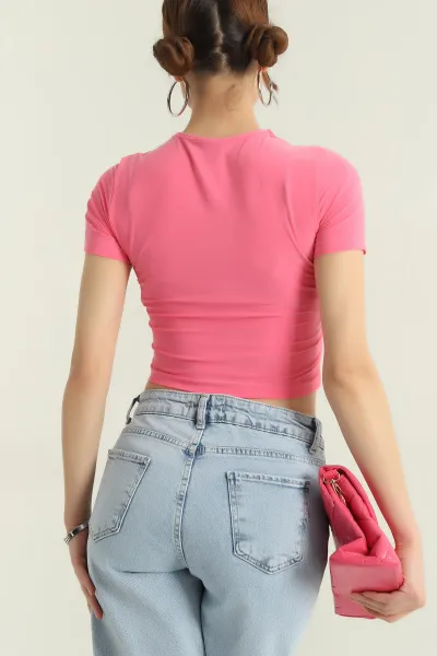 Pembe Sendy Kumaş Crop Kadın Bluz 349459