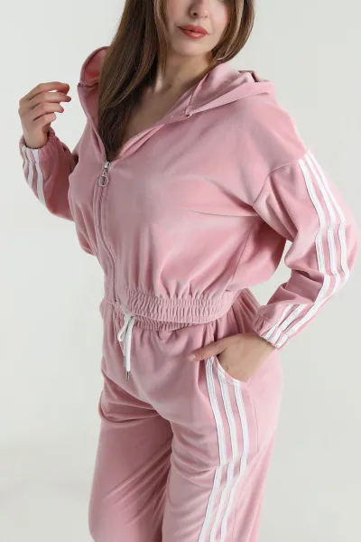 Pembe Şerit Detay Kadife Kadın İkili Takım 494627
