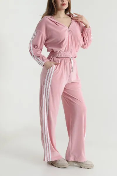 Pembe Şerit Detay Kadife Kadın İkili Takım 494627