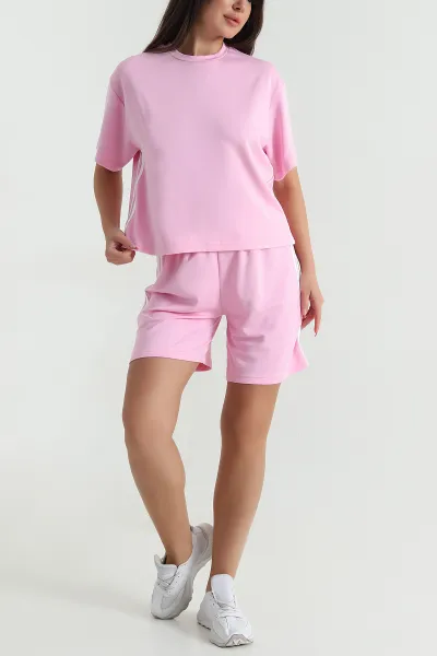 Pembe Şeritli Kadın Şortlu İkili Takım 474997