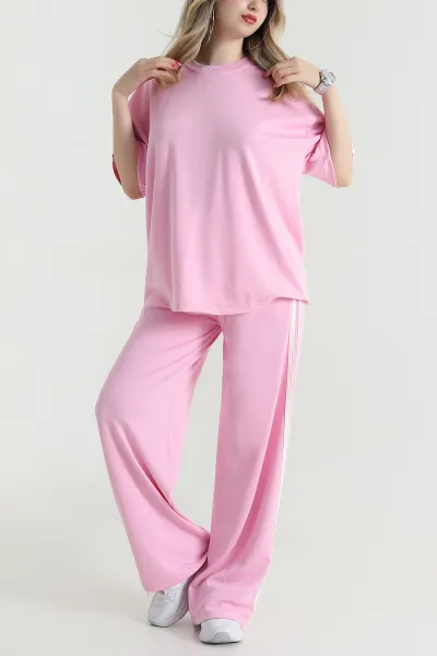 Pembe Şeritli Likralı Modal Kadın İkili Takım 475413