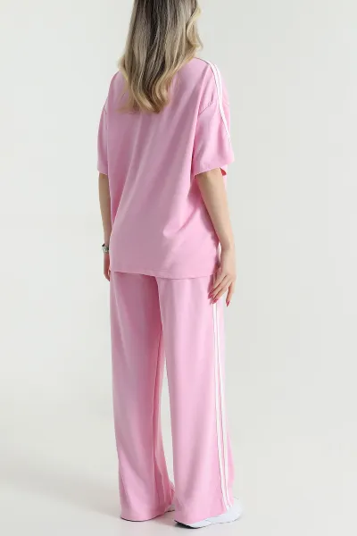 Pembe Şeritli Likralı Modal Kadın İkili Takım 475413