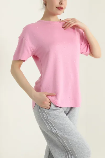 Pembe Serpme Taşlı Kadın Tişört 435032