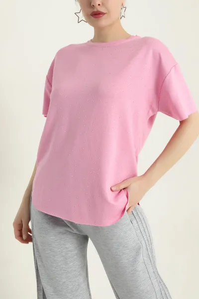 Pembe Serpme Taşlı Kadın Tişört 435032