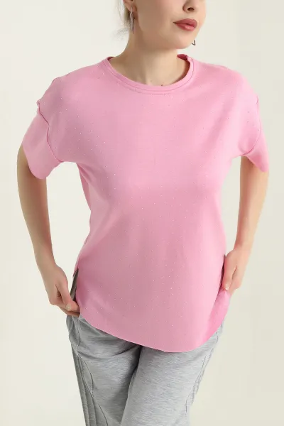 Pembe Serpme Taşlı Kadın Tişört 435032