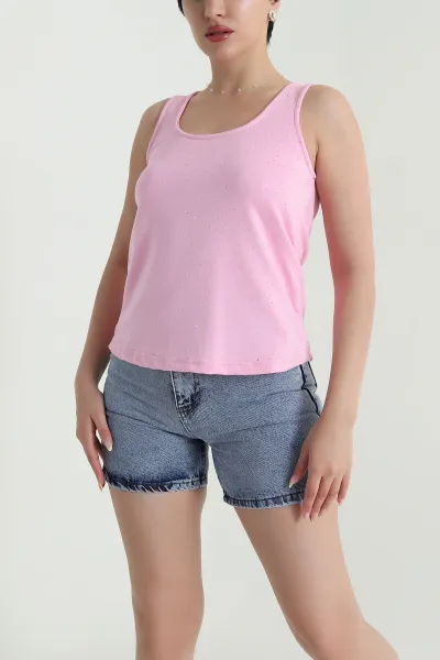 Pembe Serpme Taşlı Kolsuz Kadın Bluz 466256