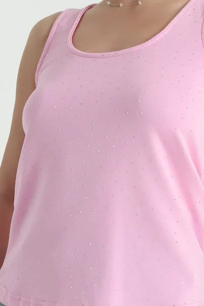 Pembe Serpme Taşlı Kolsuz Kadın Bluz 466256