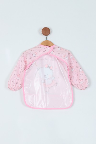 Pembe Sevimli Ayı Desenli Kollu Cep Detaylı Bebe Önlük 214809