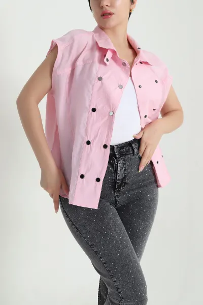 Pembe Sıfır Kol Dik Yaka Modal Diagonel Kadın Gömlek 468715