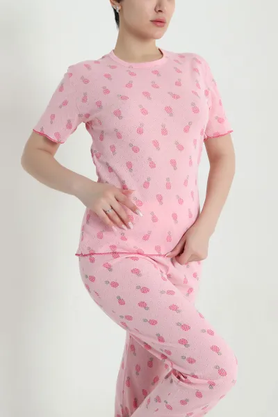 Pembe Sıfır Yaka Pointel Kadın Pijama Takımı 461852