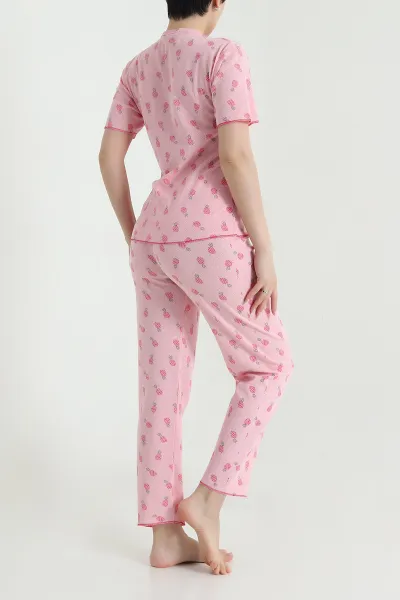 Pembe Sıfır Yaka Pointel Kadın Pijama Takımı 461852
