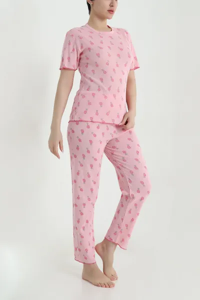 Pembe Sıfır Yaka Pointel Kadın Pijama Takımı 461852