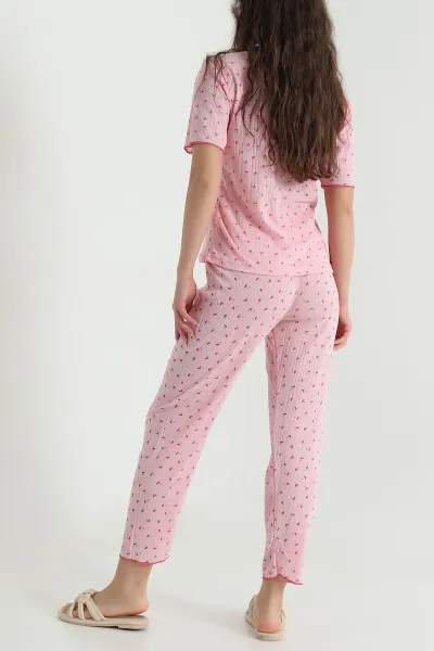 Pembe Sıfır Yaka Pointel Kadın Pijama Takımı 461856