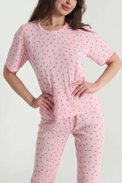 Pembe Sıfır Yaka Pointel Kadın Pijama Takımı 461856