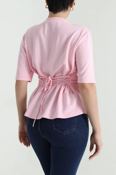 Pembe Sırt Bağcıklı Modal Kadın Tişört 468126