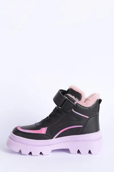 Pembe Siyah (31-35 Filet)Cırtlı Bağcıklı İçi Kürklü Bilek Kız Çocuk Bot 316453