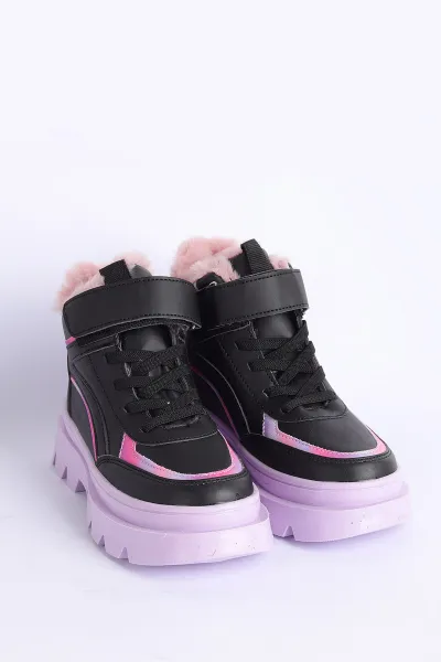 Pembe Siyah (31-35 Filet)Cırtlı Bağcıklı İçi Kürklü Bilek Kız Çocuk Bot 316453