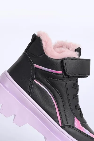 Pembe Siyah (31-35 Filet)Cırtlı Bağcıklı İçi Kürklü Bilek Kız Çocuk Bot 316453