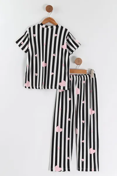 Pembe Siyah  (4-16 Yaş)Çizgili Kalp Desenli Kız Çocuk Pijama Takım 466326