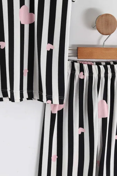 Pembe Siyah  (4-16 Yaş)Çizgili Kalp Desenli Kız Çocuk Pijama Takım 466326