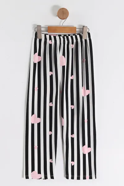 Pembe Siyah  (4-16 Yaş)Çizgili Kalp Desenli Kız Çocuk Pijama Takım 466326