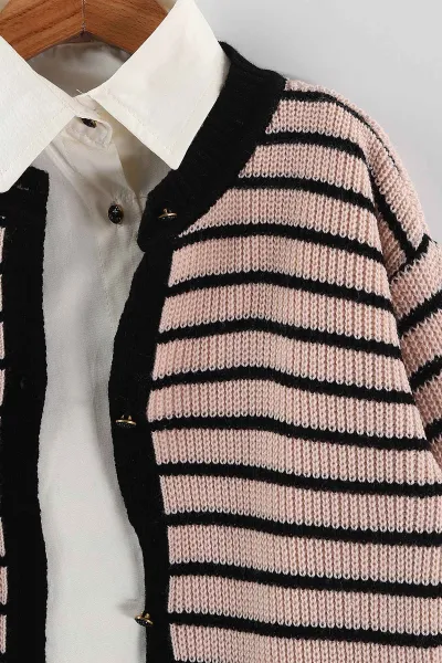 Pembe Siyah (5-9 Yaş) Triko Çizgili Hırkalı Kot Pantolonlu Kız Çocuk 3'lü Takım 443798