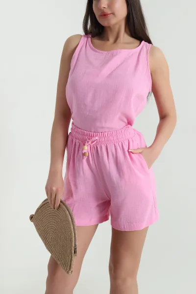 Pembe Şortlu Müslin Keten Kadın İkili Takım 459569
