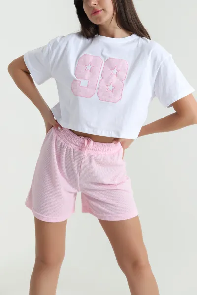 Pembe Şortlu Waffle Kadın İkili Takım 469405