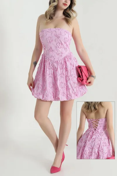 Pembe Straplez Balon Kol Poplin Kadın Elbise 471970