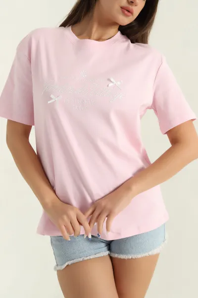 Pembe Süprem Kumaş Bisiklet Yaka Kadın Tişört 368200