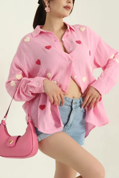 Pembe Süzene Nakışlı Kadın Müslin Keten Gömlek 373683