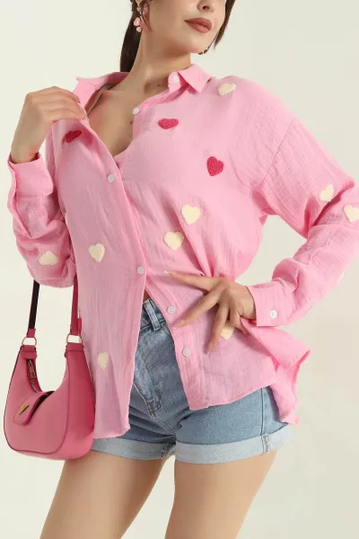 Pembe Süzene Nakışlı Kadın Müslin Keten Gömlek 373683