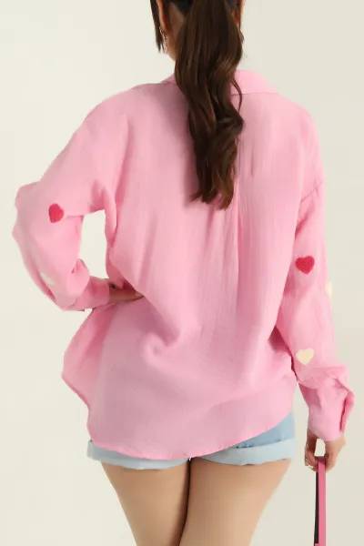 Pembe Süzene Nakışlı Kadın Müslin Keten Gömlek 373683