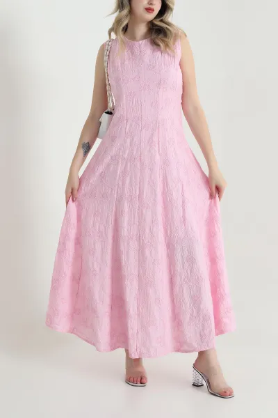 Pembe Süzene Nakışlı Kolsuz Kadın Elbise 466808