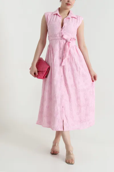Pembe Süzene Nakışlı Kolsuz Kadın Elbise 466834