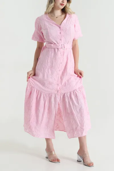 Pembe Süzine Nakışlı Kadın Elbise 463374