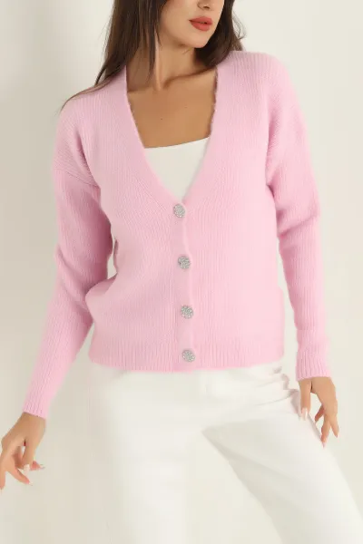 Pembe Taş Düğmeli Selanik Triko Hırka 294795