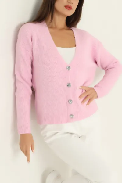 Pembe Taş Düğmeli Selanik Triko Hırka 294795