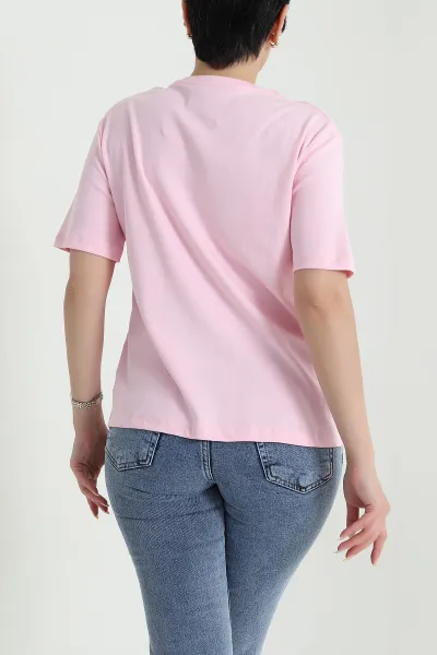 Pembe Taş İşlemeli İnterlok Kadın Tişört 467412