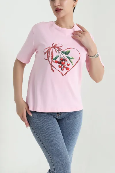 Pembe Taş İşlemeli İnterlok Kadın Tişört 467412